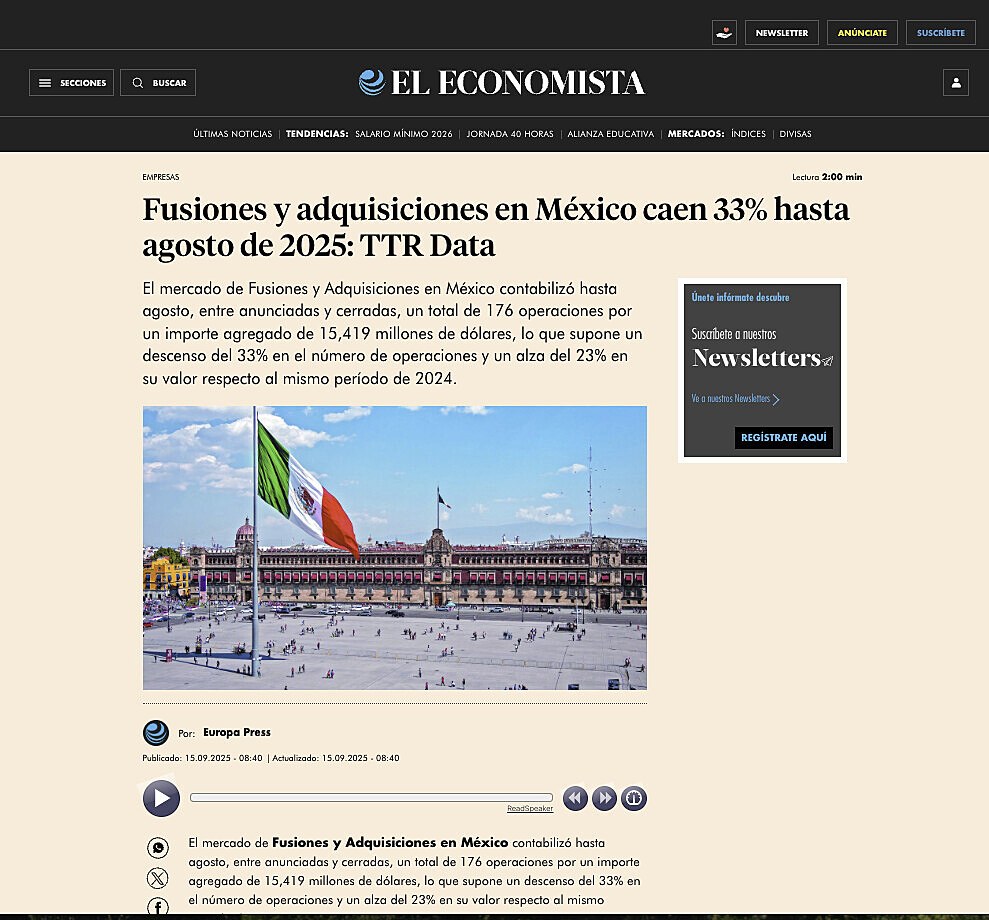 Fusiones y adquisiciones en Mxico caen 33% hasta agosto de 2025: TTR Data